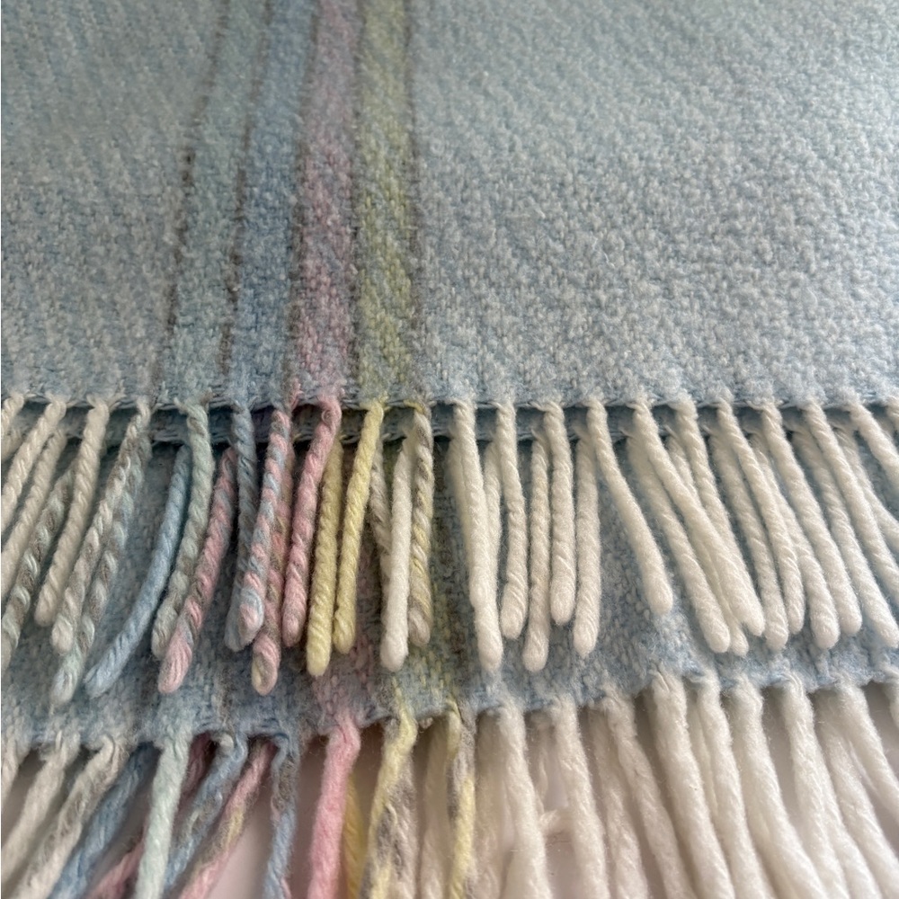 Baby Blanket Vintage Eaton   Blue with green, yellow and pink  and Fringe